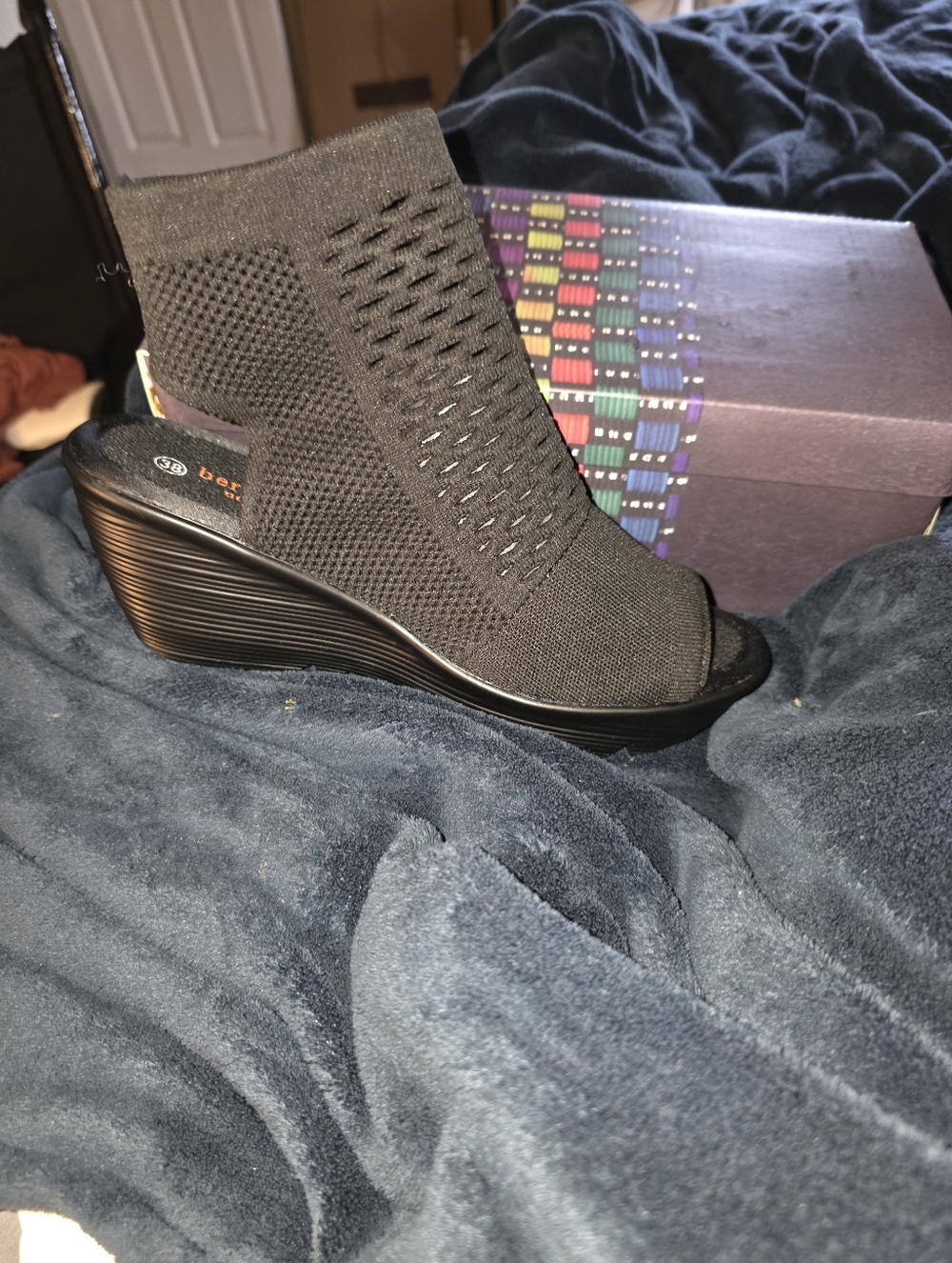 bernie mev. Black Knit Peep-Toe Wedge Bootie US 7